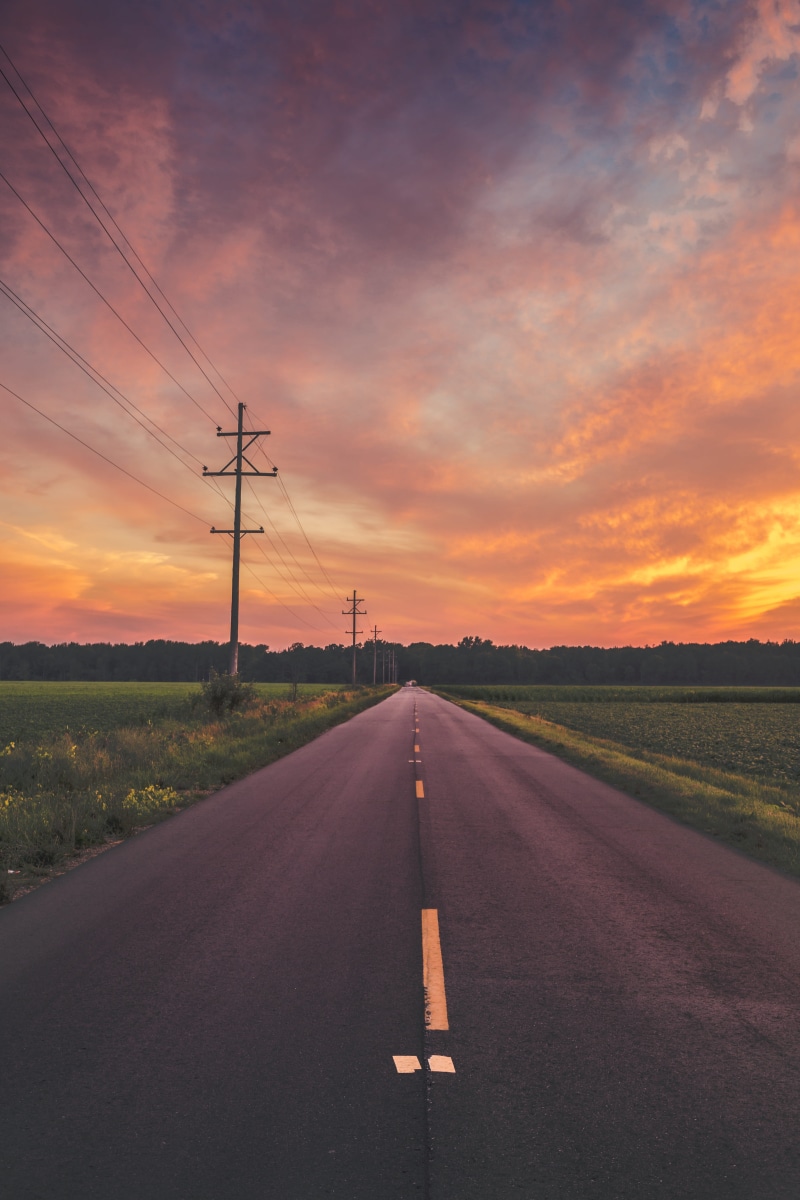 dividing line, telephone line, sunset, evening, asphalt, guidance, power line, sign, trees, vanishing point, landscape, sky, rural, no people, diminishing perspective