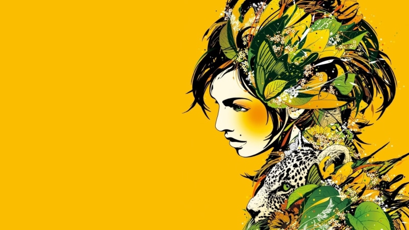 digital composite, one person, looking, copy space, yellow, hairstyle, album covers, fashion, indoors, floral pattern, kaleidoscope, young adult, beautiful people