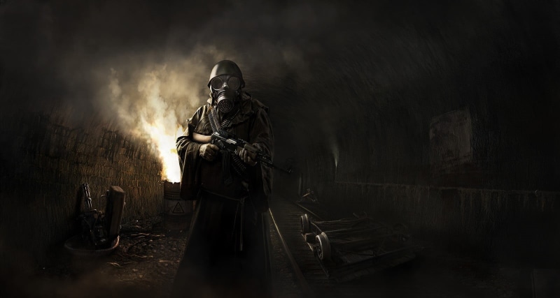 weapon, apocalyptic, grave, mask, rifle, dark, statue, representation, art, digital, people, Metro: Last Light, the past, government, wall - building feature