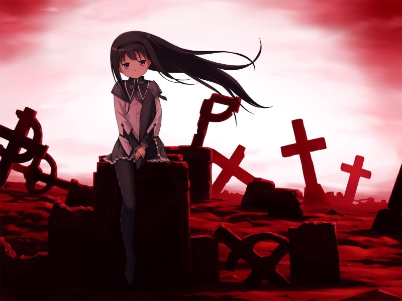 anime girls, witch, Akemi Homura, sky, red, representation, spirituality, art and craft, cross, lifestyles, nature, creativity, religion, anime, human representation