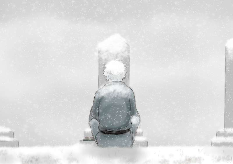 Winter, Grave, Gintama, White Hair, Snow, Anime, Gintoki Sakata, 1080P, Man