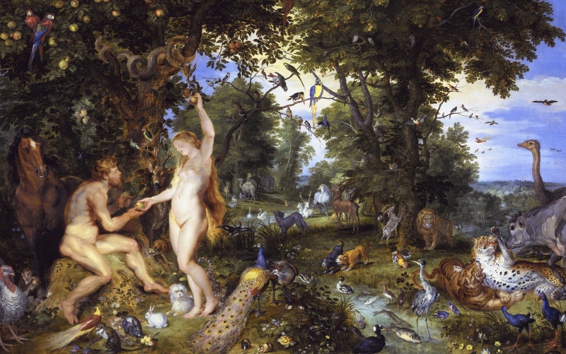 Pieter Paul Rubens, animals, Jan Brueghel the elder, Adam, The Garden of Eden with the Fall of Man, Eva, picture, mythology, Peter Paul Rubens, 1080P