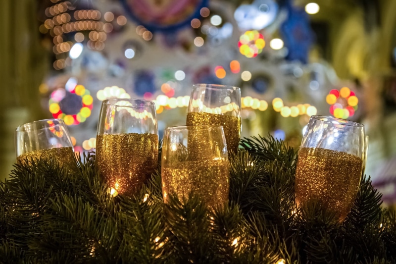 Merry, 2016, 1080P, Xmas, flute, Christmas, spruce, champagne, glasses, New Year