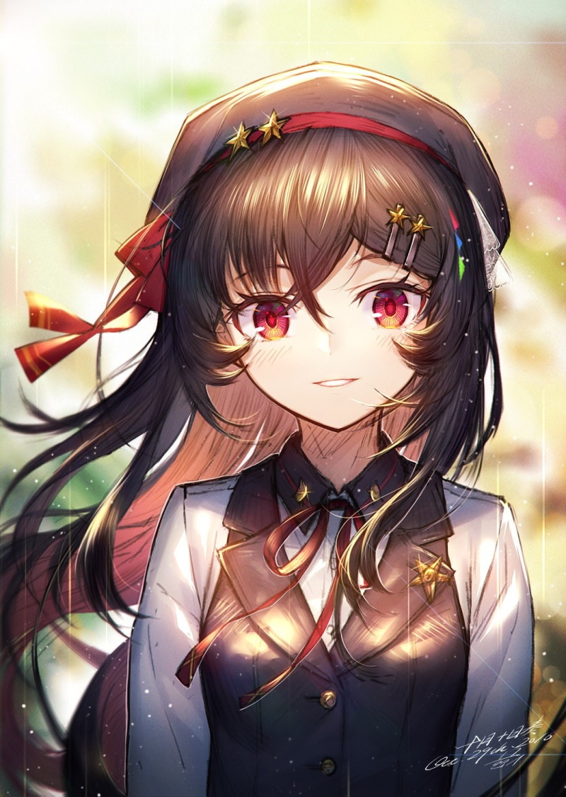brunette, anime girls, anime, red eyes, long hair, 2016 (Year), 720P