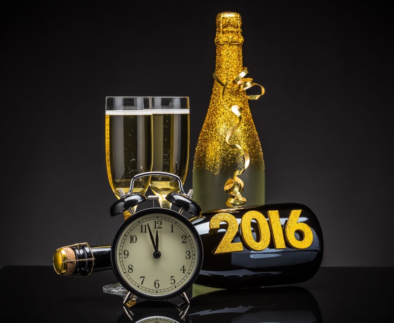 watches, glasses, bottle, wine, alarm, 2K, New Year, new, Happy, golden, glass, 2016, blue, clock, champagne, year