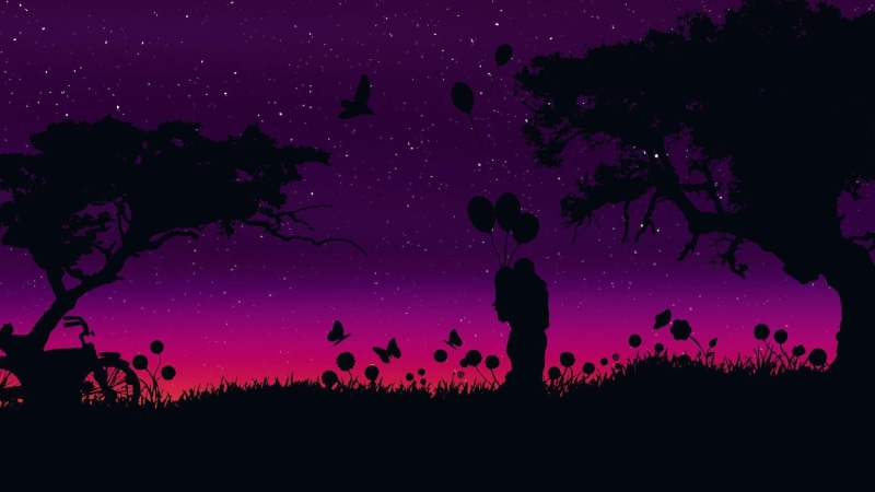 silhouette, romantic, romance, night sky, love, purple, night, purple sky, couple, 1080P, sunset