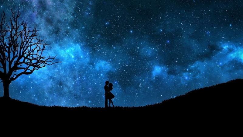 Night, Stars, Couple, Blue, Sky, Silhouette, 1080P, Artistic, Romantic, Love, Starry Sky, Hug