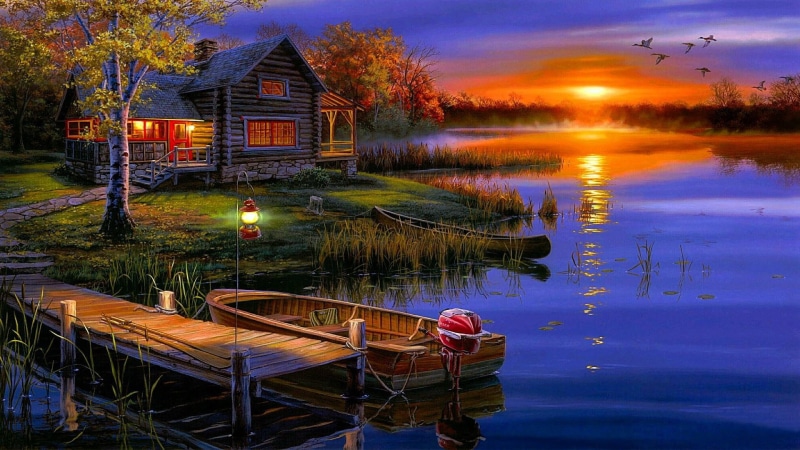 painting, sky, pier, evening, home, sunset, night, house, waterway, lake, landscape, lighting, dock, boat, reflection, autumn, 1080P, tree, bayou, romantic