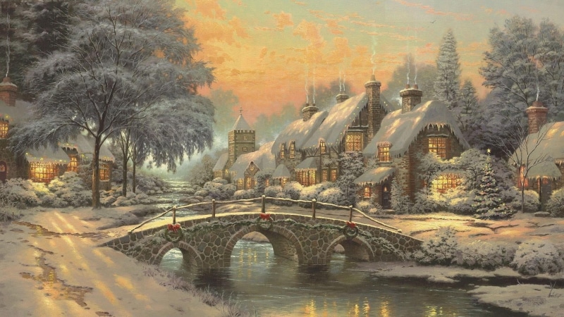 sky, city, no people, 1080P, bridge - man made structure, day, bridge, watercolor paint, water, snow, transportation, plant, art, snowy, outdoors, romantic