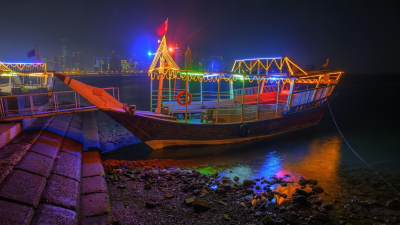 reflection, colorful, qatar, nautical vessel, architecture, no people, illuminated, evening, multi colored, mode of transportation, moored, doha, built structure