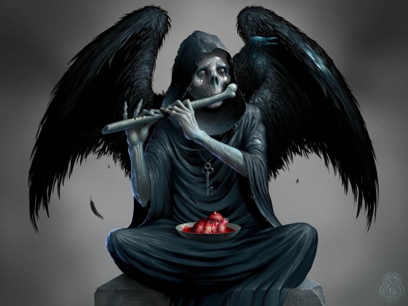 creativity, 480P, witch, reaper, raven, emotion, art and craft, nature, people, religion, Grim Reaper, flute, illustration, human representation, two people