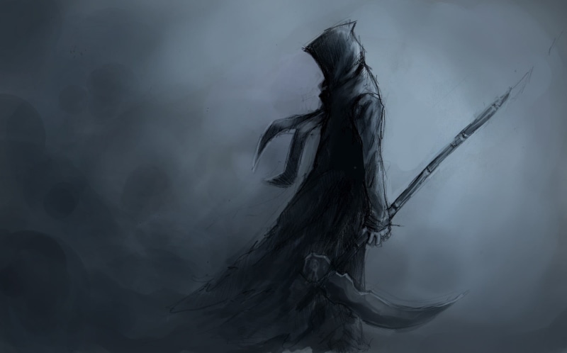 wind, mystery, dark, human hair, death, gray background, hair, motion, long hair, headshot, 1080P, clothing, environment, reaper, portrait, adult, outdoors