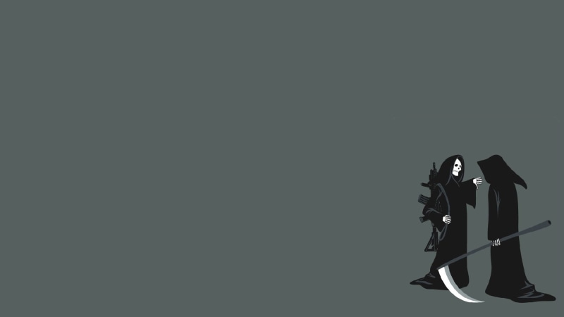 simple background, people, activity, women, two people, day, photography themes, standing, assault rifle, scythe, full length, minimalism, copy space, skeleton