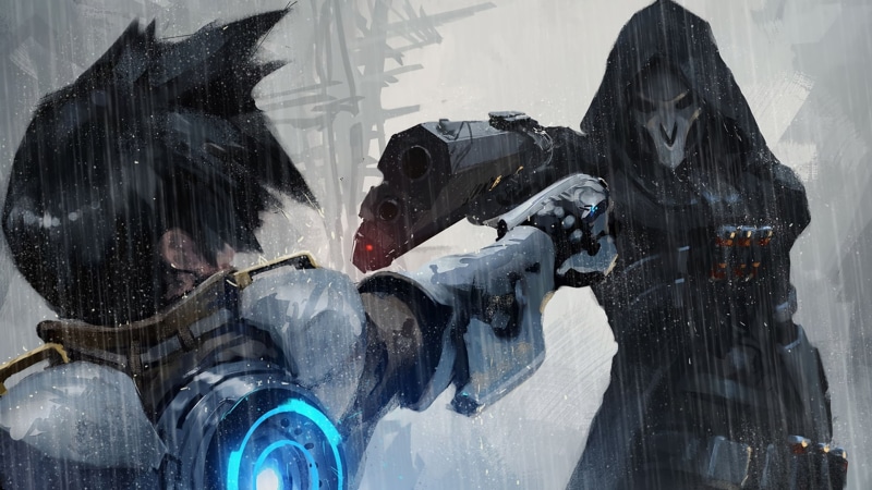 sculpture, digital art, men, outdoors, human representation, architecture, Reaper (Overwatch), statue, water, video games, Tracer (Overwatch), snowing
