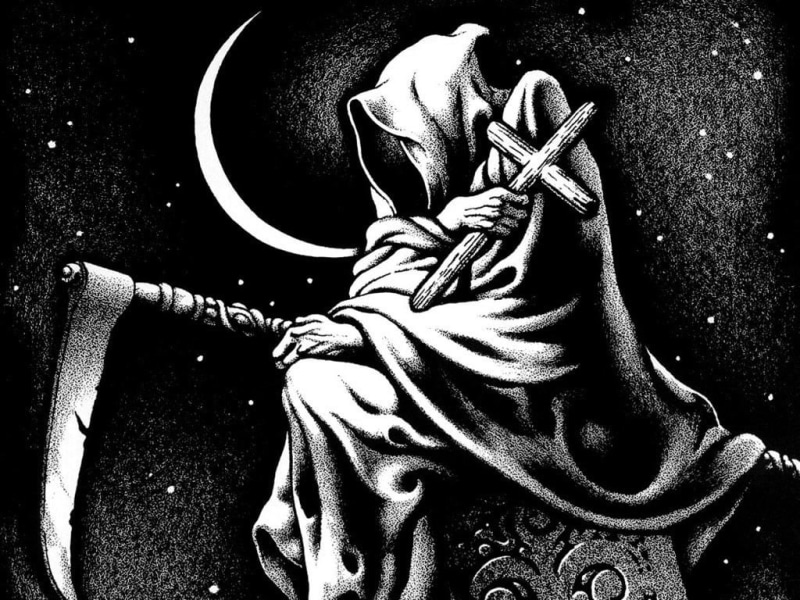 people, unrecognizable person, art and craft, grim, lifestyles, real people, artwork, obscured face, nature, Moon, women, holding, reaper, 480P