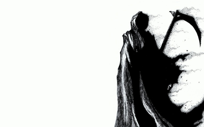 close-up, day, hair, copy space, white background, 720P, Grim Reaper, illustration, clear sky, sky, men, studio shot, hairstyle, grim, Dark, nature, people