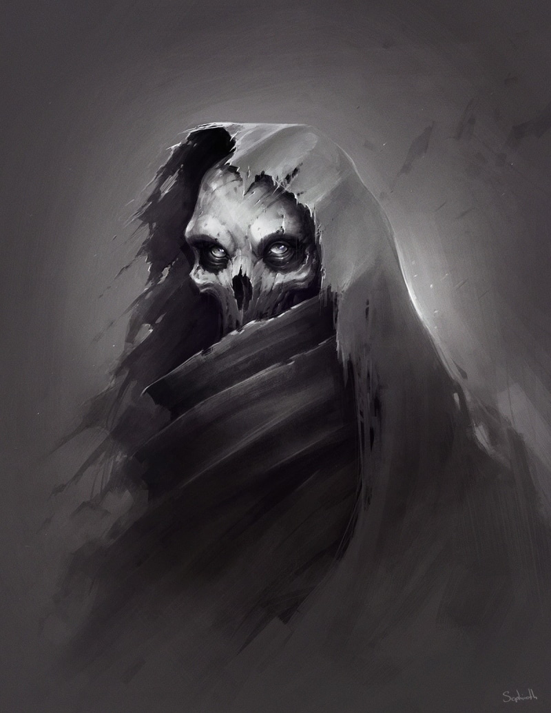 drawing, monochrome, digital art, hood, horror, Sephiroth Art, men, 720P, skull