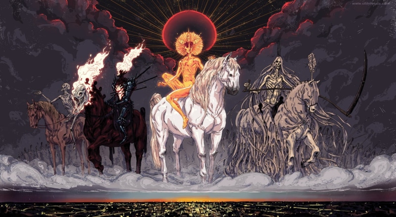 mammal, land, fire, painting, motion, four, festival, conquest, representation, outdoors, flame, nature, night, water, animal representation, Four Horsemen of the Apocalypse