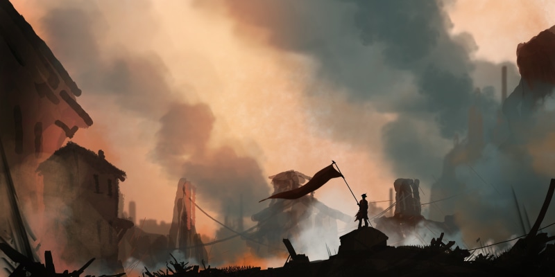 no people, DeviantArt, communication, hero, outdoors, flag, damaged, sunset, event, fantasy art, artwork, panoramic, architecture, fire, accidents and disasters