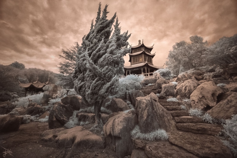 infrared, 4K, trees, rocks, photography, pagoda