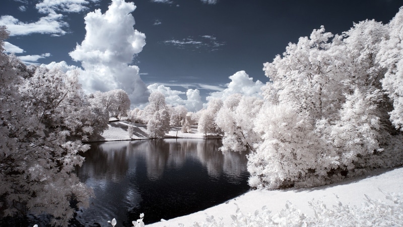 simple, infrared, winter, snow, clouds, trees, 1080P, simple background, pond, landscape, lake, nature