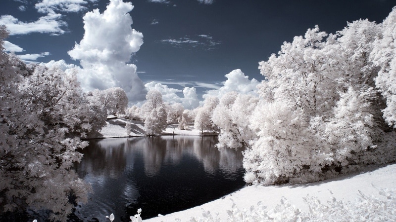 1080P, snow, photo manipulation, amp, hd, pond, infrared, covered, trees