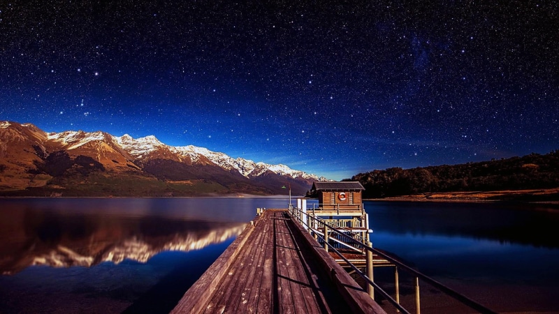 horizon, photography, mount scenery, 1080P, stars, nature, night, atmosphere, mountain range, reflection, mountain, footbridge, cabin, new zealand, starry night