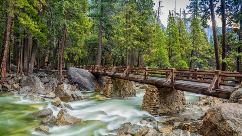 wilderness, yosemite national park, rock, plant, forest, stream, national park, merced river, landscape, footbridge, pedestrian bridge, tree, nature, yosemite valley