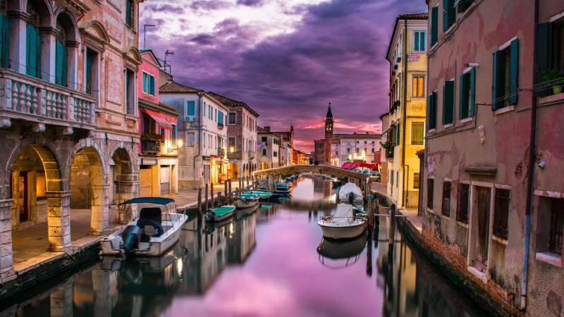 venice, built structure, tourism, footbridge, waterfront, purple sky, nature, night, architecture, cityscape, canal, outdoors, bridge - man made structure