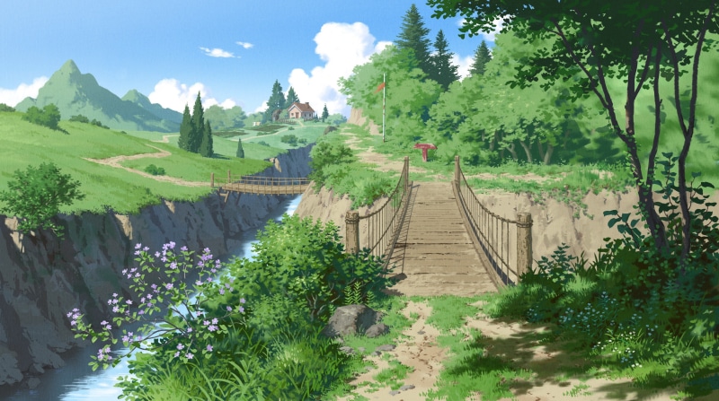 forest, painting, bridge, digital art, the way forward, range, growth, connection, sky, house, footpath, tranquil scene, footbridge, direction, near, land