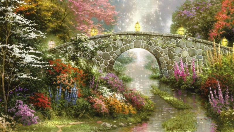 day, garden, ornamental garden, bridge - man made structure, 2K, lantern, flowers, tree, painting, Thomas Kinkade, flowing water, no people, autumn, change