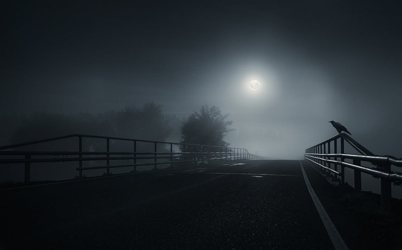 480P, grayscale, road, metal, full moon, transportation, architecture, night, crow, mist, fog, nature, landscape, illuminated, sky, no people, bridge