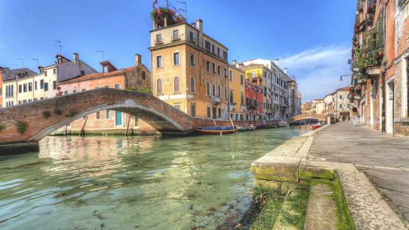 waterfront, Venice, concrete, footbridge, brown, sky, boat, historic, built structure, canal, outdoors, street, building exterior, transportation, day