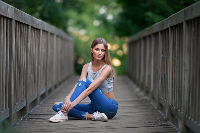 beautiful woman, casual clothing, sitting, leisure activity, torn jeans, 1080P, architecture, bridge, young women, young adult, full length, bridge - man made structure
