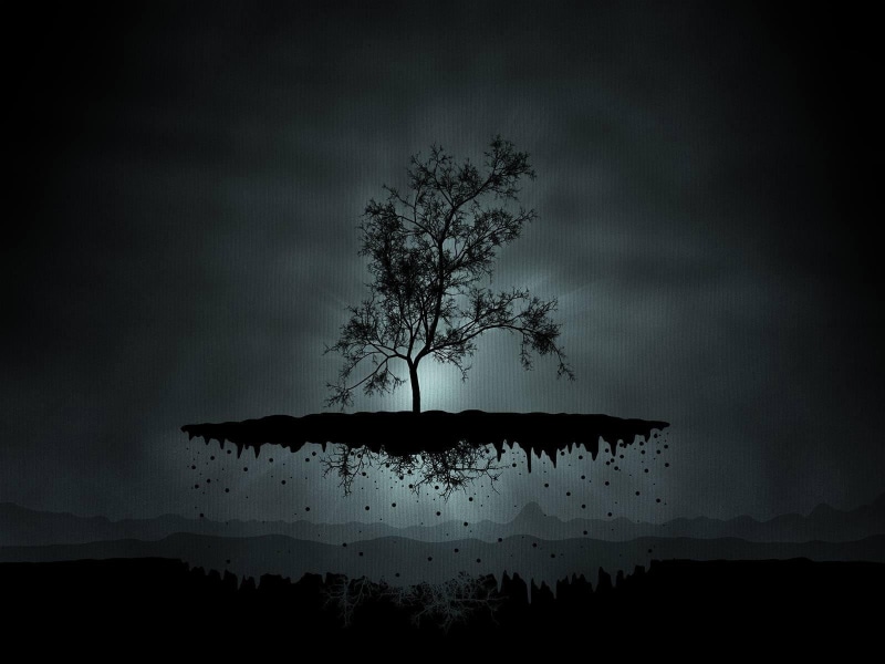 artwork, sky, floating island, no people, trees, digital art, fantasy art, dark, animal wildlife, animal, dusk, plant, flock of birds, flying, leafless