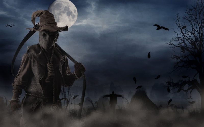 Scarecrow, overcast, digital composite, outdoors, tree, dusk, moon, leafless, Spooky, near, reaper, sculpture, full, Dark, no people, grim, Grim Reaper