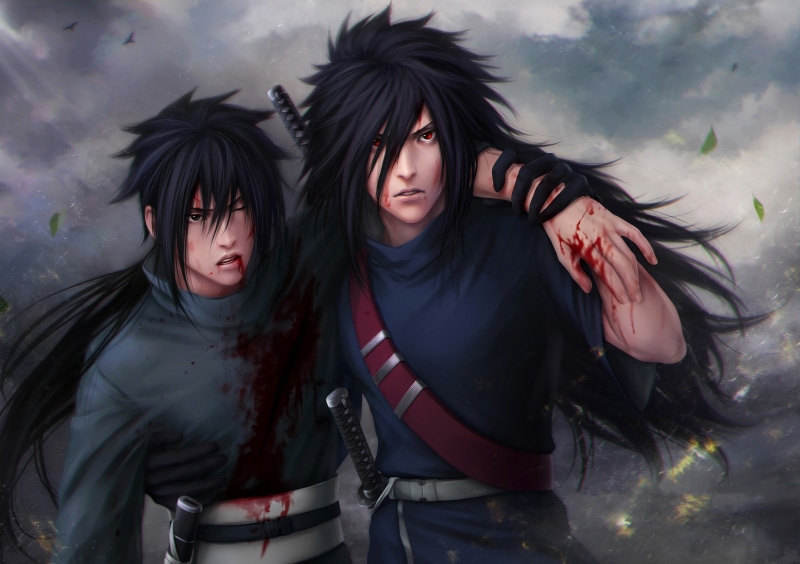young adult, Uchiha Madara, clothing, digital art, bonding, young women, nature, waist up, Uchiha Izuna, two people, shirt, adult, hairstyle, digital, outdoors