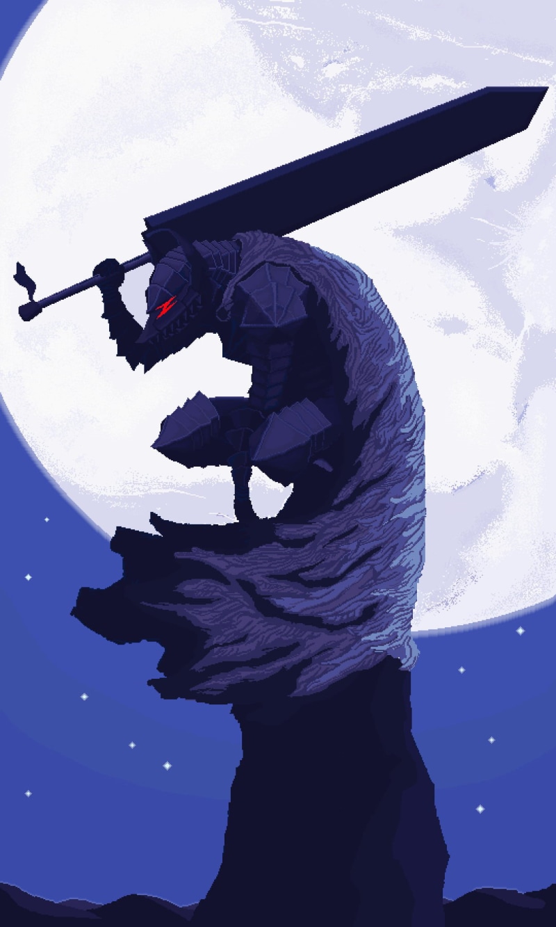 fantasy armor, 8-bit, moonlight, Berserk, 2D, berserk armor, fantasy weapon, armor, Black Swordsman, Guts, anime boys, fan art, 720P, vertical, pixel art