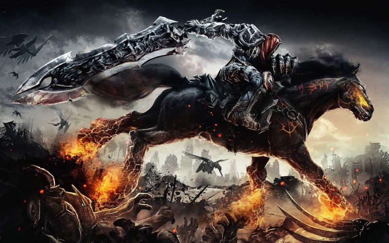 horse, swordsman, burning, architecture, no people, animal, day, fantasy art, outdoors, building exterior, hell, Darksiders 2, apocalyptic, sword, smoke - physical structure