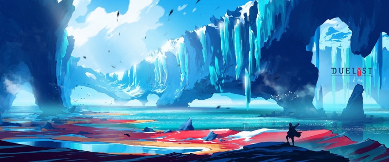 panoramic, duelist, landscape, poster, group of people, environment, snow, Duelyst, outdoors, water, concept art, incidental people, day, 1080P, scenics - nature