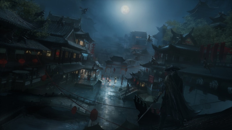 WuXia, night, Chinese architecture, Moon, fantasy city, artwork, fantasy art, Asia, 1080P