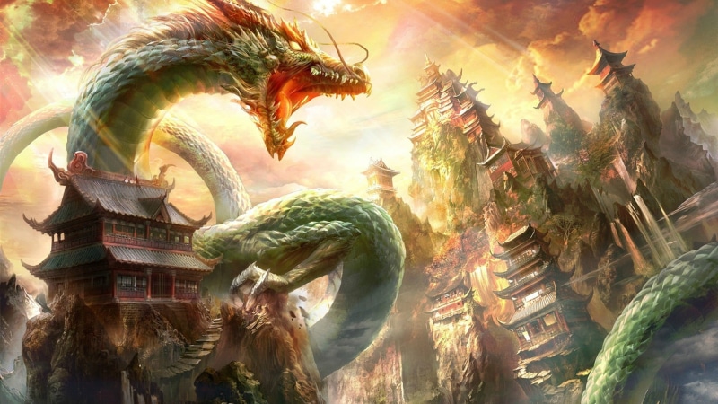 no people, outdoors, the past, representation, day, house, green, illustration, Chinese architecture, dragon, architecture, art and craft, sky, nature