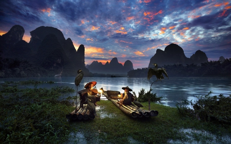 beauty In Nature, non-urban scene, journey, sky, river, adventure, two, digital, people, mountains, famous Place, plants, sunrise - Dawn, outdoors