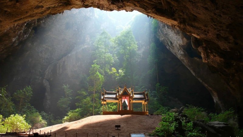 leisure activity, sunlight, rock formation, khao sam roi yot national park, land, karst landforms, caving, real people, built structure, full length, asia