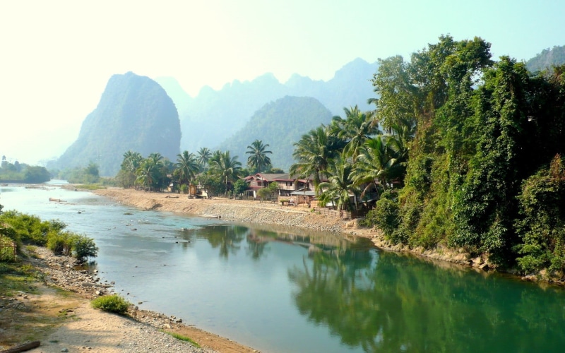 tranquility, guilin, mountain range, huts, tree, landscape, thailand, cliff, river, beauty In Nature, tropics, mountain, summer, waterfront, east Asian Culture