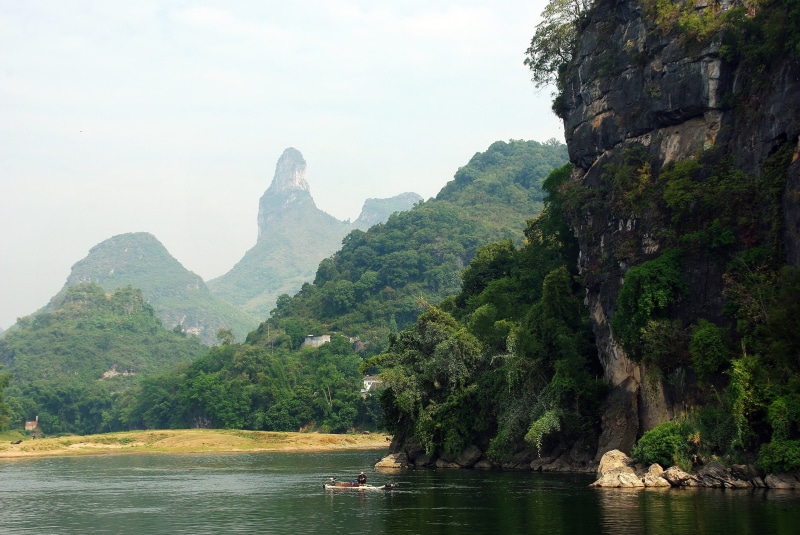 scenics, sea, fisherman, asia, rock formation, 2K, travel, rock - Object, Yangshuo, rock, boat, halong Bay, sky, beauty in nature, thailand, valley, tranquility