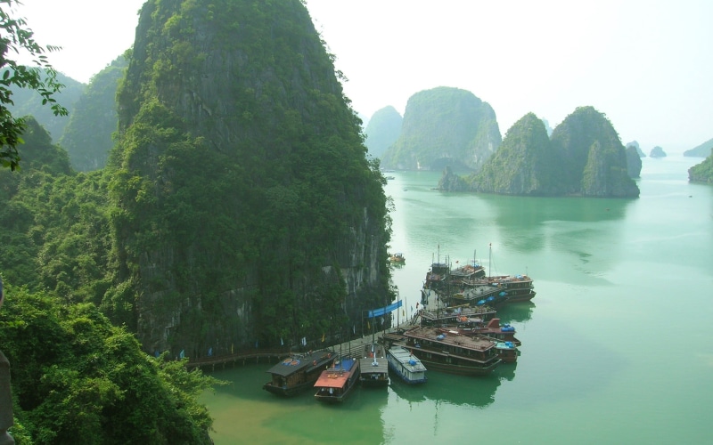 limestone, guilin, moored, mooring, asia, china - East Asia, scenics - nature, reflection, rock, green, tree, tranquility, vietnam, no people, day, boats