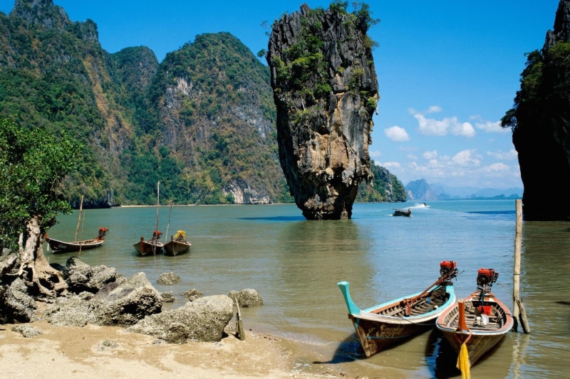 canoes, thailand, sky, nautical Vessel, solid, rock, sea, karst Formation, water, mode of transportation, island, boats, journey, landscape, cliff, land