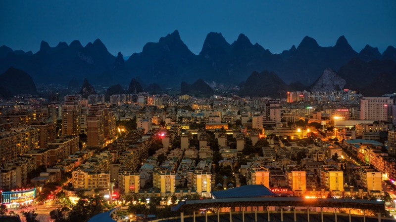 sky, dusk, glowing, street light, evening, 4K, residential district, city life, mountains, travel destinations, Guilin, China, mountain range, nature