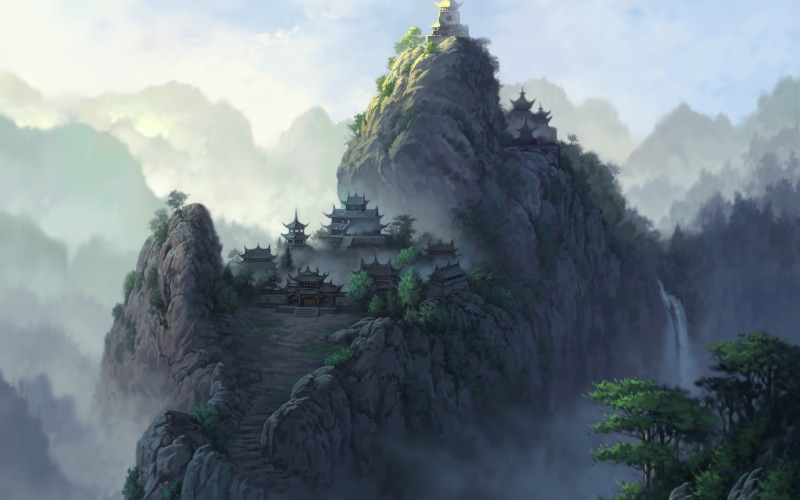place of worship, sky, gray, famous Place, mountain Peak, buddhism, cliff, beauty In Nature, fog, mist, guilin, built structure, cultures, ancient, architecture
